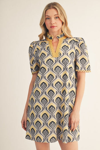 Jodifl Scallop Trim Detail Baroque Floral Shift Dress in Honey Mustard