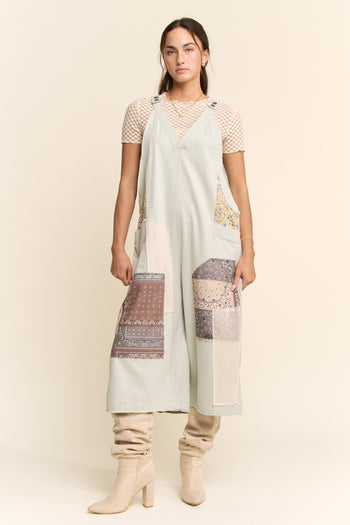 Davi & Dani Cotton Patchwork Jumpsuit Adjustable Strap in Sage Multi