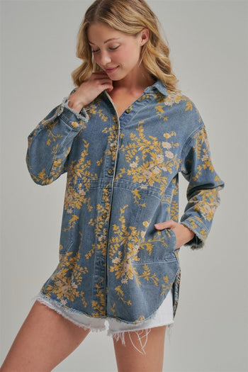 BON Floral Print Denim Top in Floral Denim