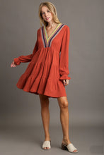 Load image into Gallery viewer, Umgee Crochet Embroidery Tiered Knit Dress in Rust
