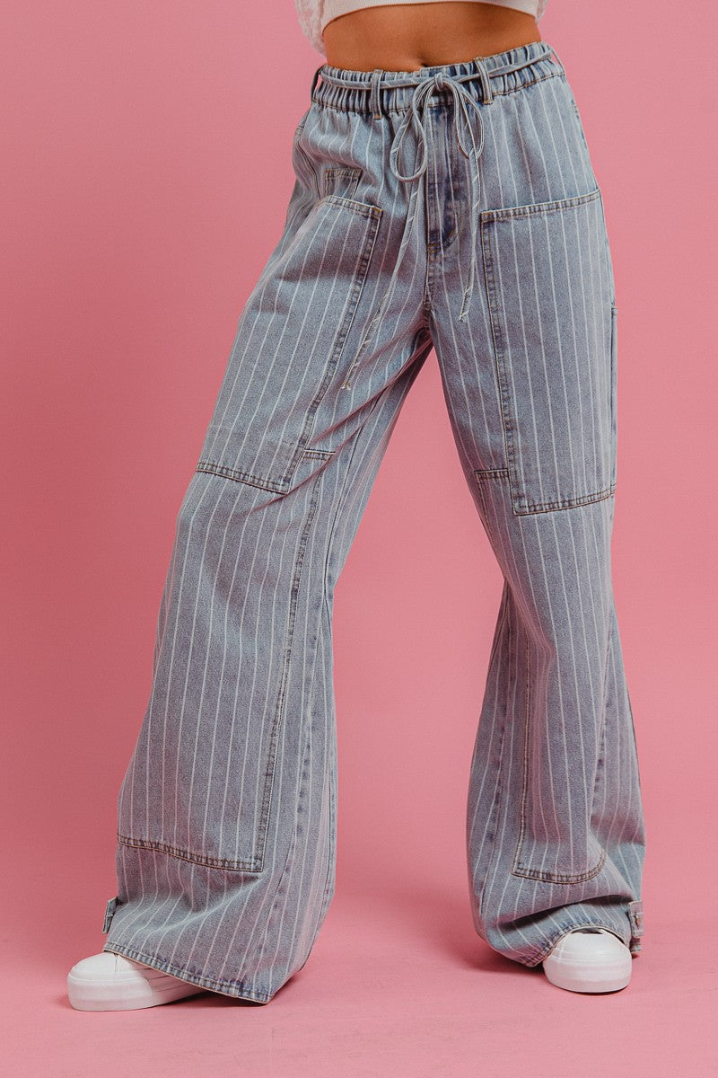 BiBi Washed Pinstripe Cargo Pants in Denim – June Adel