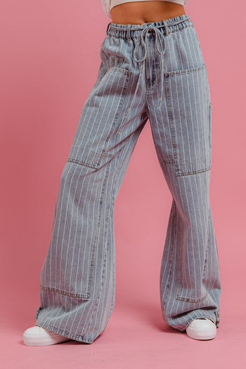 BiBi Washed Pinstripe Cargo Pants in Denim