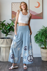 Oli & Hali Smocked Waistband Pants with Peace Sign and Star Patches in Blue