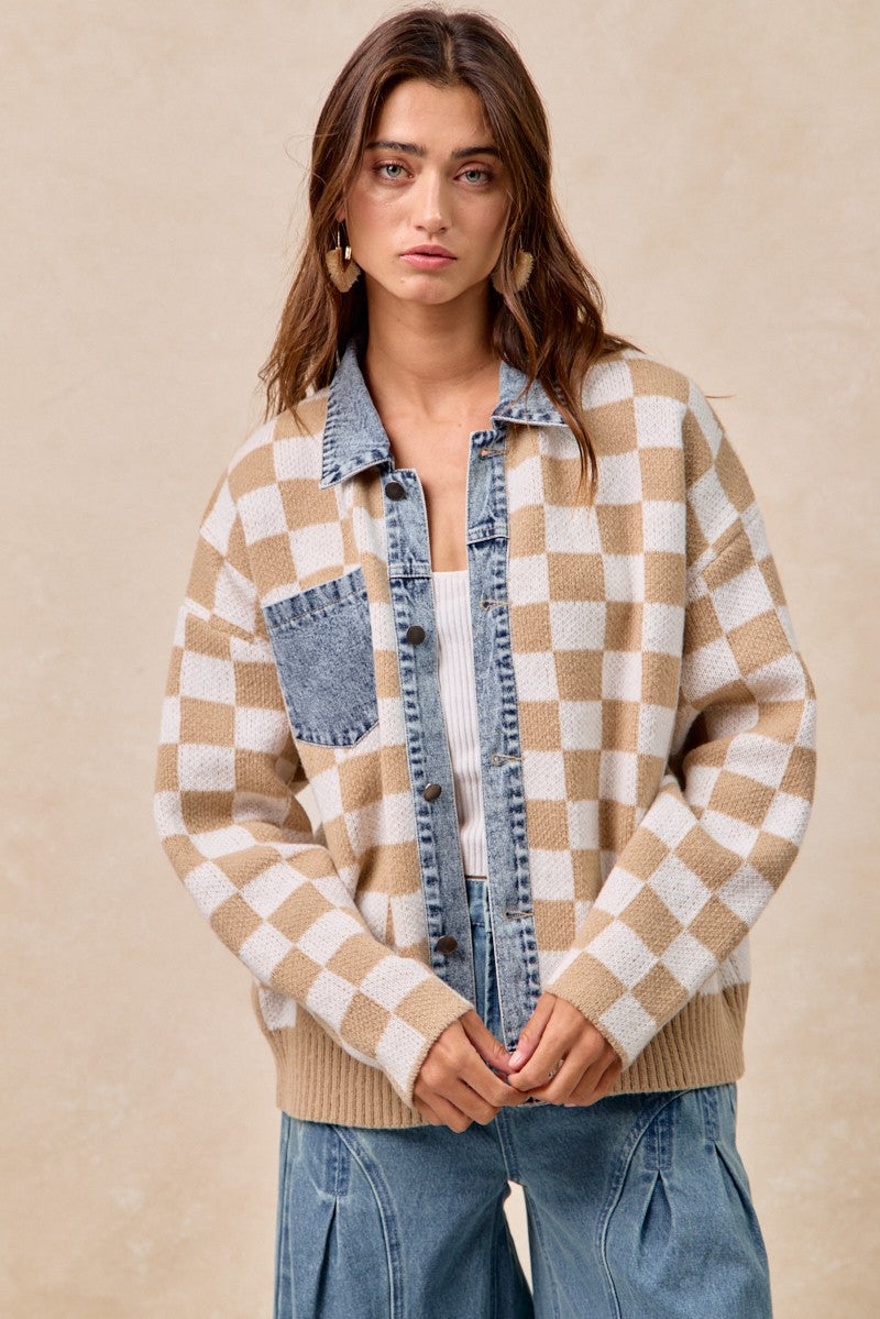 BiBi Sweater Knit Checkered and Denim Trim Jacket in Latte – June Adel