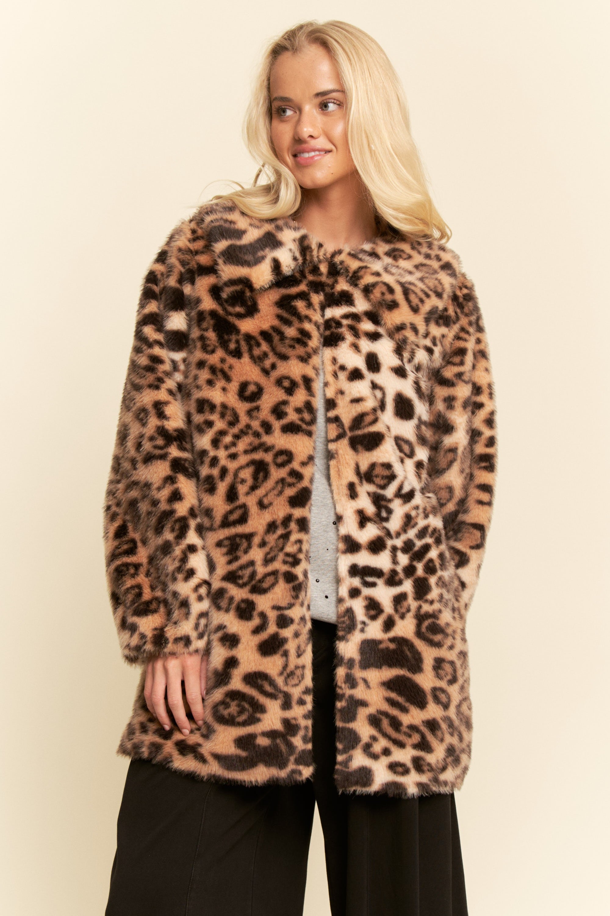 Davi & Dani Leopard Faux Fur Jacket in Taupe Leopard – June Adel