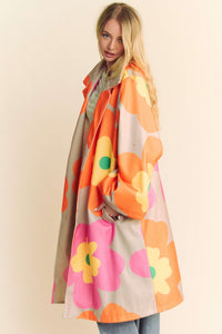 Davi & Dani Bold Retro Floral Print Jacket in Pink Orange