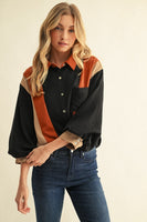 Jodifl Colorblock Crinkle Button-Down Top in Black Mix