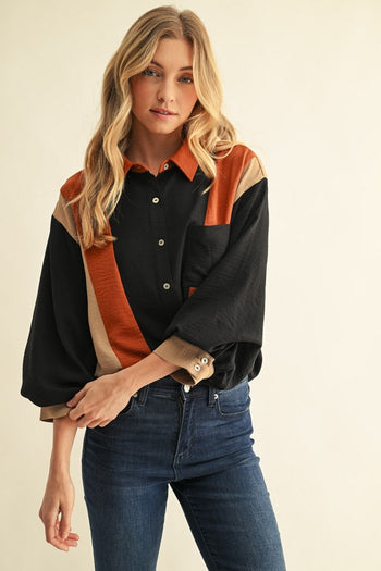 Jodifl Colorblock Crinkle Button-Down Top in Black Mix