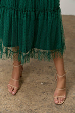 Load image into Gallery viewer, Polagram Polka Dot Tulle Ruffle Midi Skirt in Hunter Green
