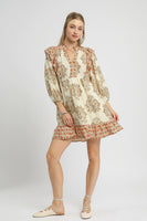 Umgee Damask Print Mini Dress with Ikat Border Print in Latte Mix