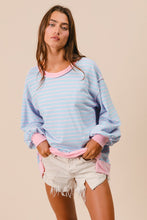 Load image into Gallery viewer, BiBi French Terry Striped Top with Uneven Hemline in Lt Blue/Blush
