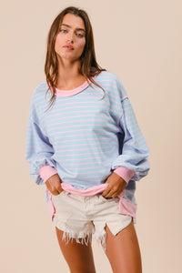 BiBi French Terry Striped Top with Uneven Hemline in Lt Blue/Blush