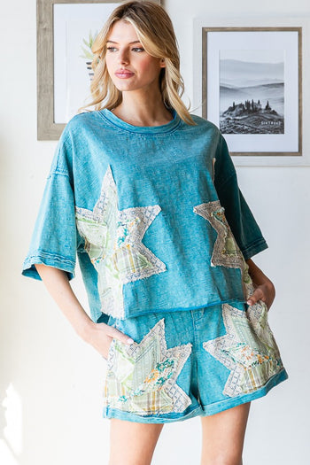 Oli & Hali Multi Print Star Patched Top and Short Set in Blue