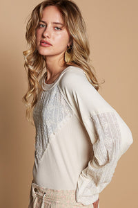 POL Ribbed Knit Top with Crochet Lace Inset Details in Almond Milk