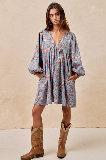 BiBi Washed Denim Floral Print Mini Dress in Denim