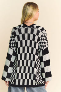 Davi & Dani Two Toned Mixed Checkered Print Open Front Cardigan in Black White