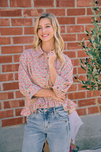 Load image into Gallery viewer, BiBi Pink Floral Ruffle Hem Button Down Blouse in Dusty Rose
