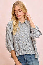 Load image into Gallery viewer, BiBi Floral Embroidery Grid Checked Ruffled Hem Button-Up Top in Navy
