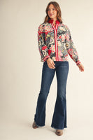 Jodifl Ruffled Neckline Button Down Boho Floral Top in Red Mix