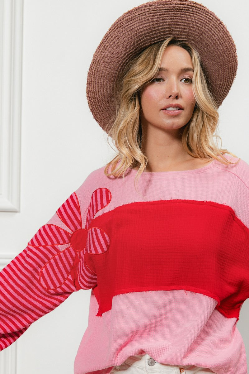 BiBi Mixed Textured Top with Flower Patch in Pink – June Adel