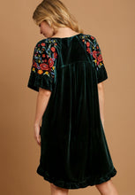 Load image into Gallery viewer, Umgee Velvet Mini Dress with Floral Embroidery in Hunter Green
