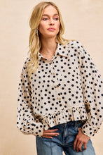 Load image into Gallery viewer, BiBi Crinkle Polka Dot Ruffle Hem Button Down Top in Cream/Black
