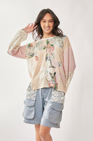 Davi & Dani Contrasting Fabric and Lace Top in Beige