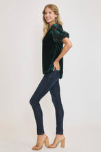 Load image into Gallery viewer, Umgee Velvet Split Neck Top with Lace Sleeves in Teal Green

