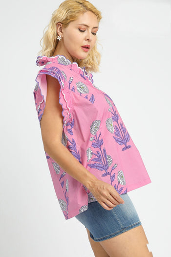 Umgee Floral Print Top with Scallop Trim in Pink Mix