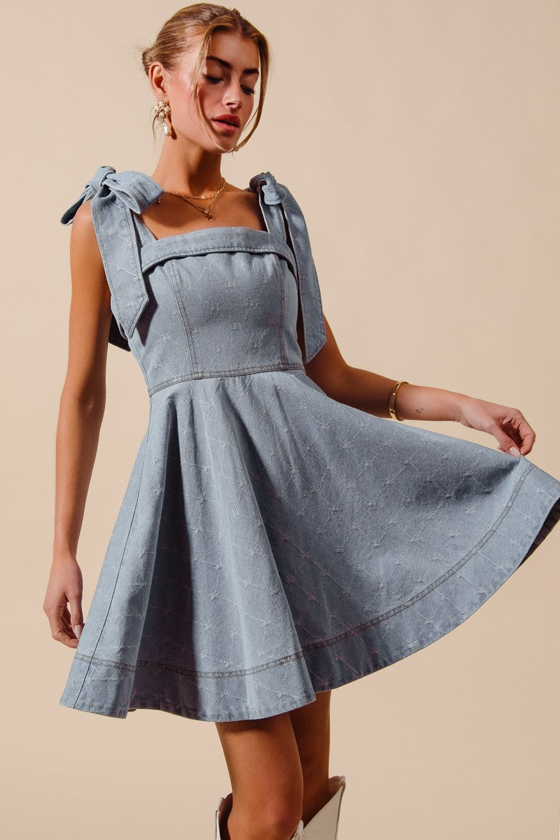 So Me A-Line Fit and Flare Mini Dress with Diamond and Bow Stitching in Light Denim S at June Adel