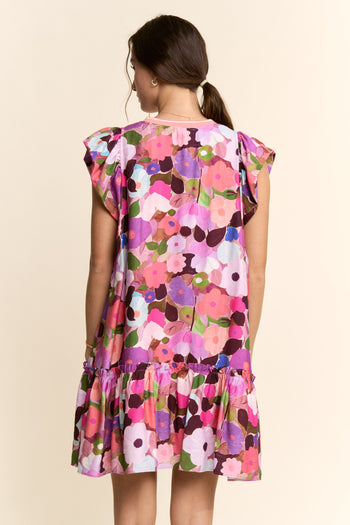 Davi & Dani Ruffle Sleeve Floral Dress in Berry Pink