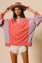 Load image into Gallery viewer, BiBi Color Block French Terry Top in Dark Coral/Lavender
