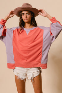 BiBi Color Block French Terry Top in Dark Coral/Lavender