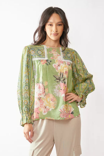 Davi & Dani Mixed Print Peasant Babydoll Top in Sage