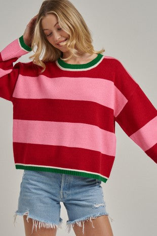 BON Christmas Wide Stripe Casual Sweater in Red/Pink