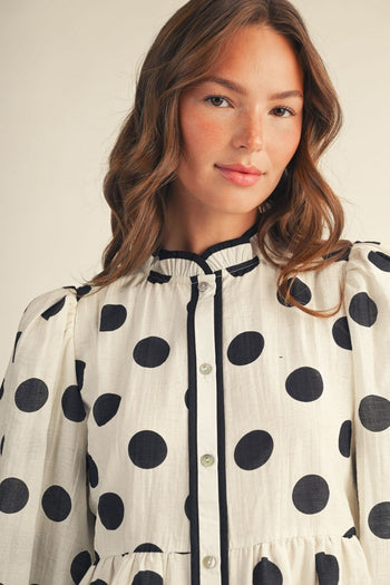Jodifl Button Down Polka Dot Peplum Top in White
