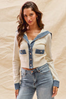 So Me FITTED Knit Sweater Cardigan with Contrasting Denim Details in Ivory