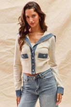 Load image into Gallery viewer, So Me FITTED Knit Sweater Cardigan with Contrasting Denim Details in Ivory
