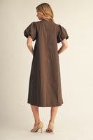 Jodifl Puff Sleeves Applique Accent Midi Dress in Brown