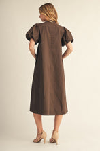 Load image into Gallery viewer, Jodifl Puff Sleeves Applique Accent Midi Dress in Brown
