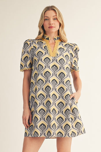 Jodifl Scallop Trim Detail Baroque Floral Shift Dress in Honey Mustard S at June Adel