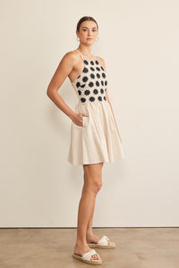 In February Cotton Mini Dress with Delicate Crochet Top in Natural