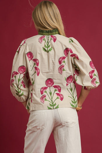 Umgee Floral Print Ruffle Top in Stone Mix