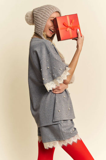 Davi & Dani Pearl Embellished and Lace Detailed Top in Grey