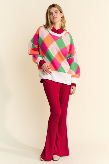 Davi & Dani Multi Colored Diamond Pattern Knit Sweater in Pink Orange
