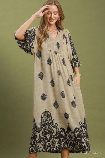 Umgee Border Print Smocked Detail Midi Dress in Charcoal