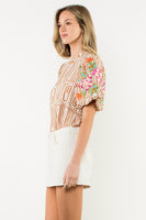 THML Geometric Print Top with Floral Embroidery Sleeves in Brown