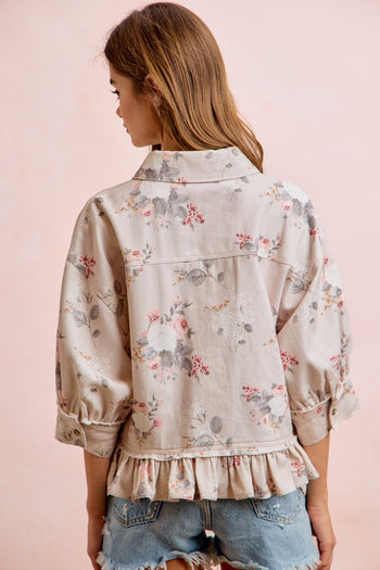 BiBi Floral Ruffle Hem Button-Up Top