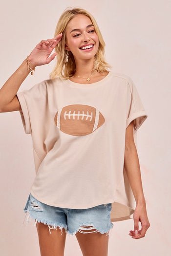 BiBi Solid Color Waffle Knit Top with Football Patch Front in Oatmeal