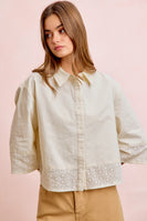 BiBi Eyelet Lace Hem Quarter Sleeve Top in Butter